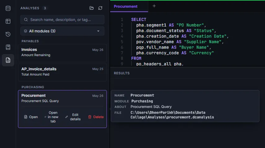 Analyses panel with items grouped by module, one item expanded showing the available actions