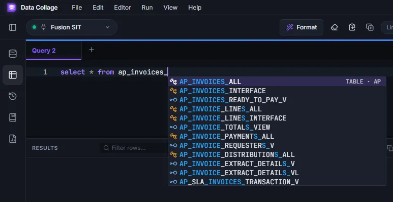 Autocomplete dropdown listing Fusion tables matching the typed prefix