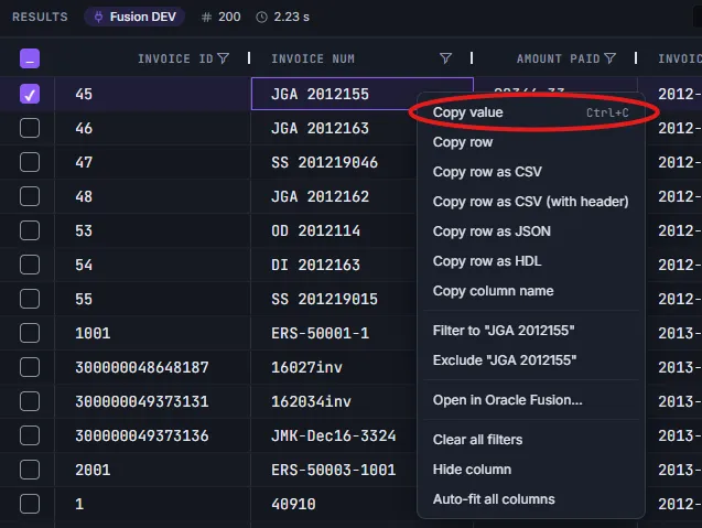 Cell right-click context menu showing Copy value and the Copy row variants
