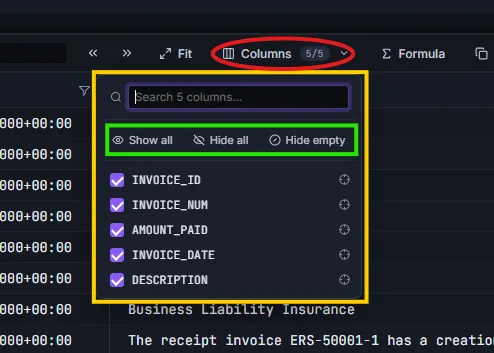 Columns picker dropdown with search box, Show all / Hide all controls, and per-column rows