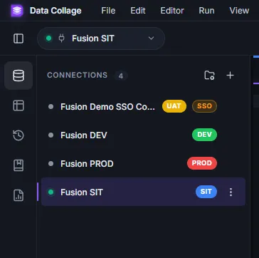 Connection list with environment chips — UAT, PROD, DEV, SIT — and the active connection showing its status dot