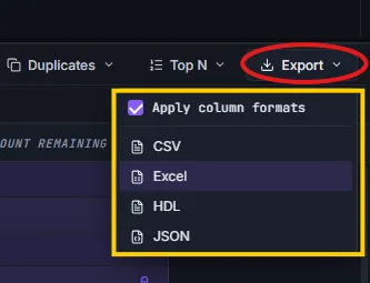 Export dropdown open, showing the Apply column formats checkbox and the four format options — CSV, Excel, HDL, JSON