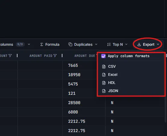 Results grid with the Export menu open showing CSV, Excel, HDL, and JSON