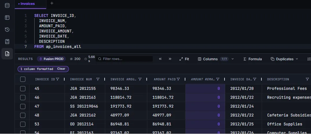 Result grid with the saved AMOUNT_REMAINING formula column visible