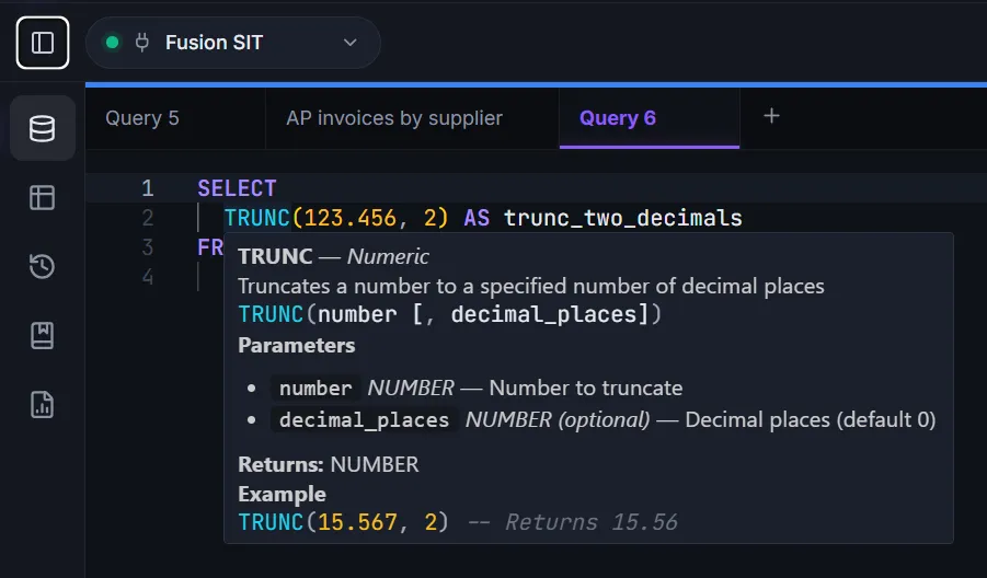 Hover tooltip on a Fusion table showing its module and column count