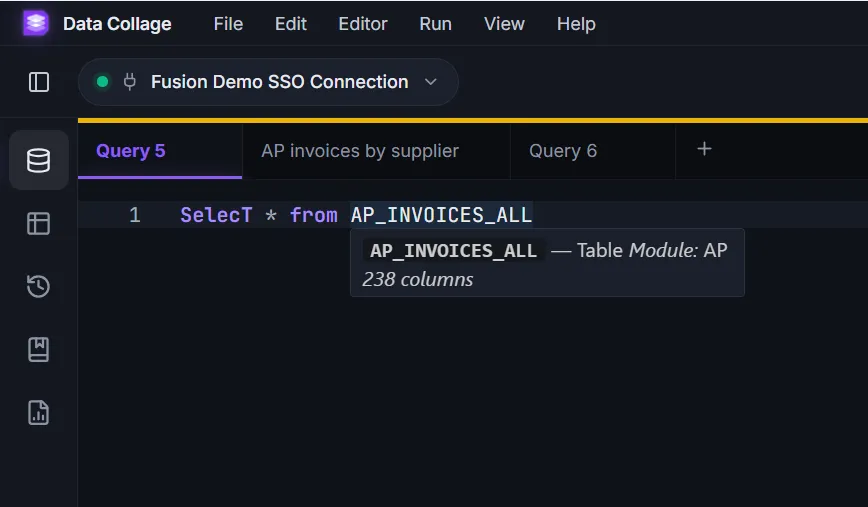 Hover tooltip on a Fusion table showing its module and column count