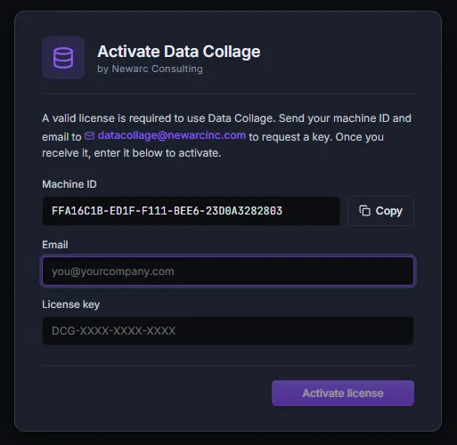 License activation screen showing the Machine ID with a Copy button, and the Email and License key fields
