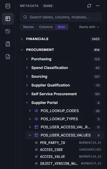 Metadata panel with module groups expanded and one table expanded showing its columns