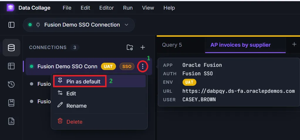 Pinning a default connection