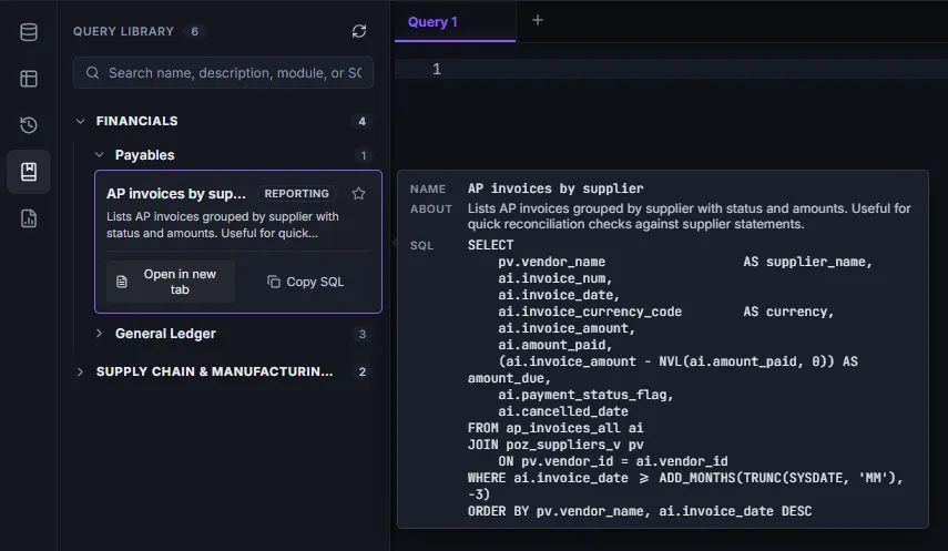 Query Library panel with "AP invoices by supplier" expanded and the Open in new tab and Copy SQL actions visible