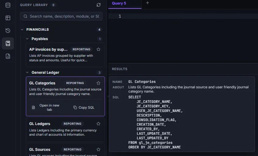 Query Library panel with several items visible, one expanded showing the Open in new tab and Copy SQL actions