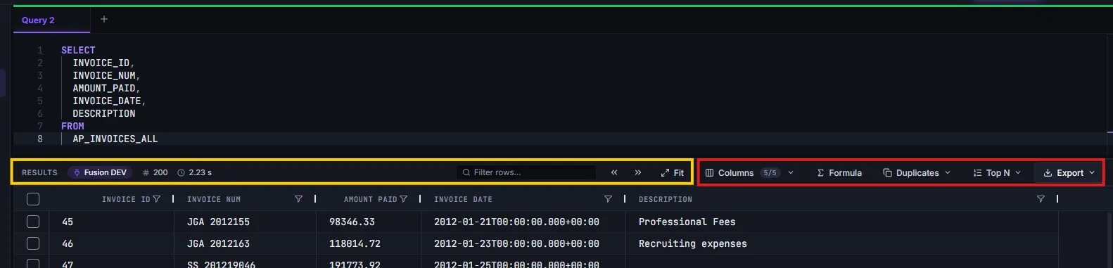 Results toolbar showing row count, elapsed time, and the Fit, Columns, Formula, Duplicates, and Top N buttons