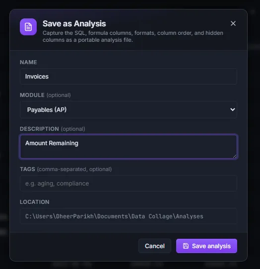 Save as Analysis dialog with Name, Module, Description, and Tags fields