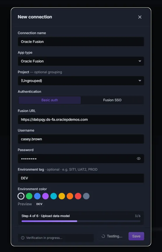 New connection dialog mid-test, showing step 4 of 6 — Upload data model — in progress