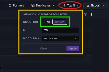 Top N dropdown with Direction, N, and By column controls