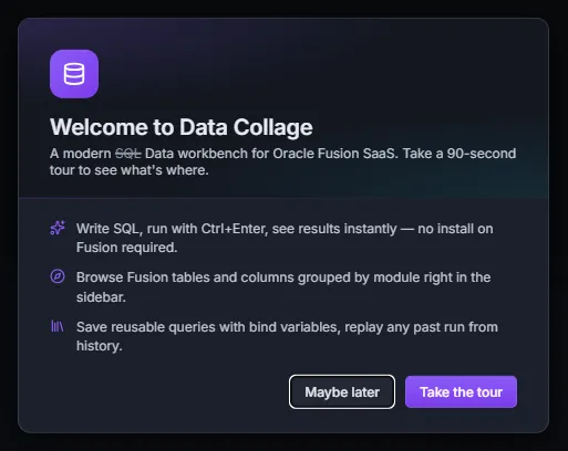 Welcome to Data Collage dialog with the feature bullets and the Maybe later and Take the tour buttons