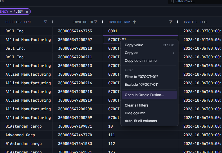 Data Collage invoice results with the right-click menu open and Open in Oracle Fusion highlighted.