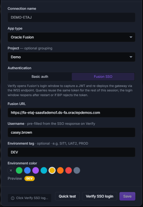 Data Collage connection dialog with Fusion SSO selected, the username filled in, and Verify SSO login and Save buttons visible.